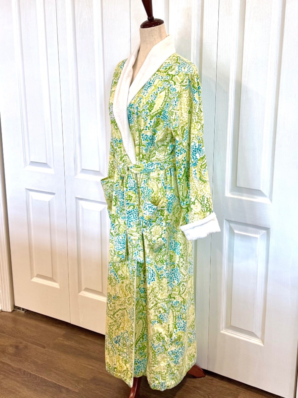 Vintage Woman's 100% Cotton I. Magnin Long Paisley Robe, Terry Cloth Lined, Sash